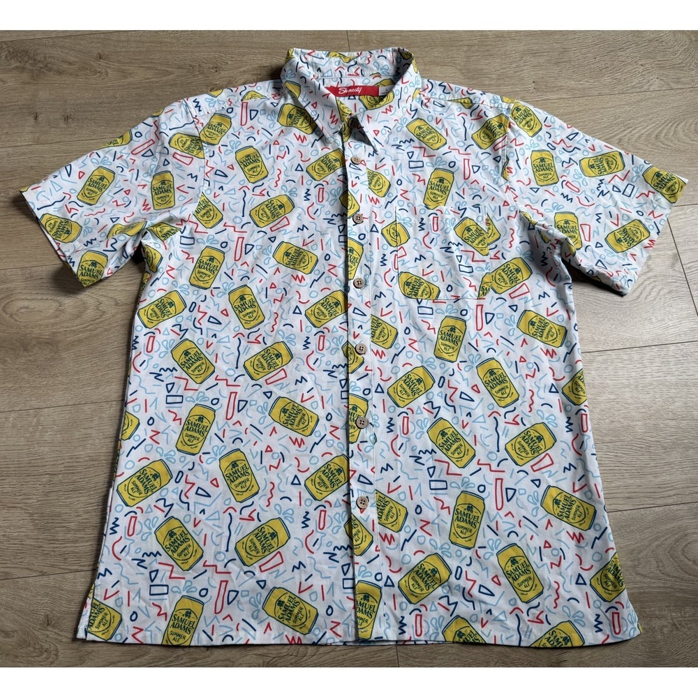 EUC Mens Shinesty short sleeve button up samual adams beer print pocket‎ size L